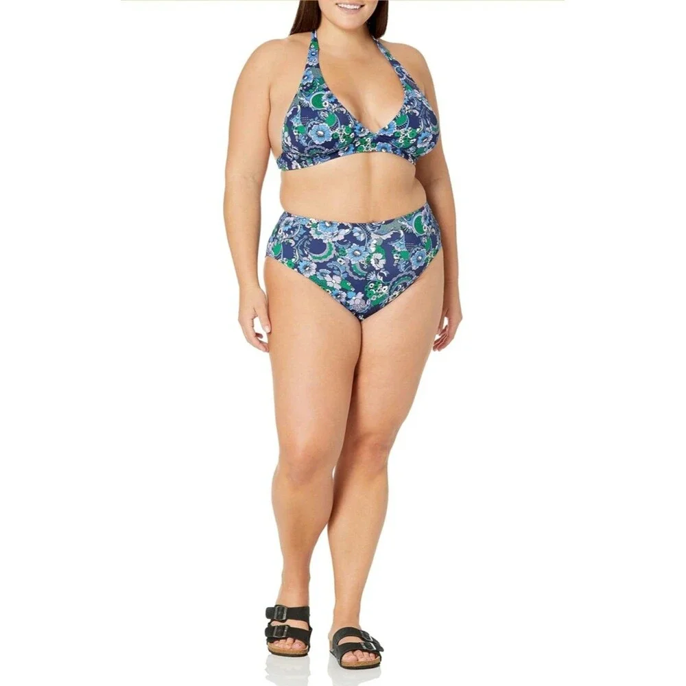 Essentials‎ High Waist Bikini Bottom Women's XL Deep Blue Paisley NEW